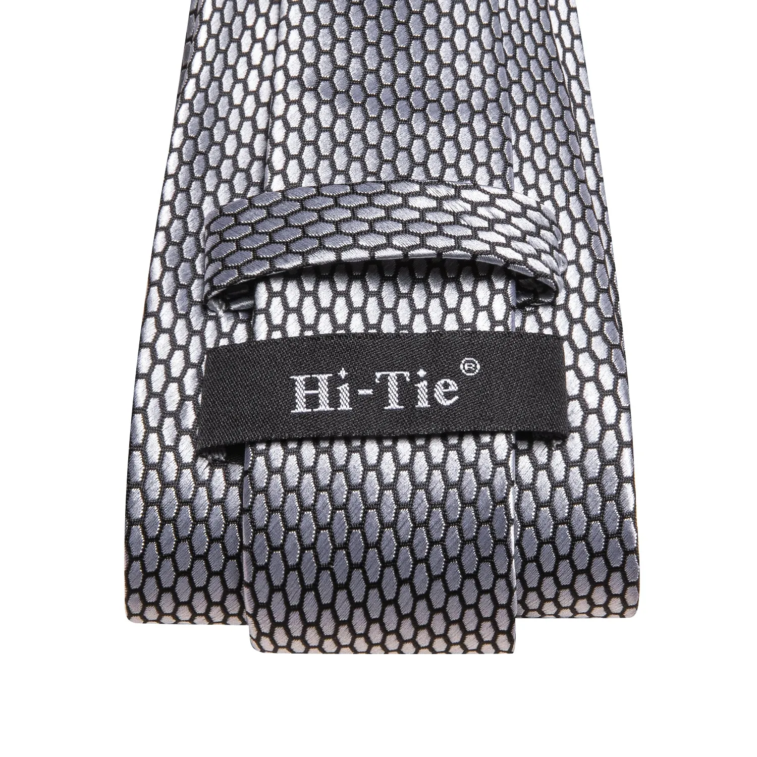 Hi-Tie Grey Geometric 67" Extra Long Tie Handkerchief Cufflinks Set