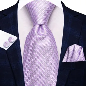 Hi-Tie Lilac Purple Striped 67 Inch Extra Long Tie Hanky Cufflinks Set