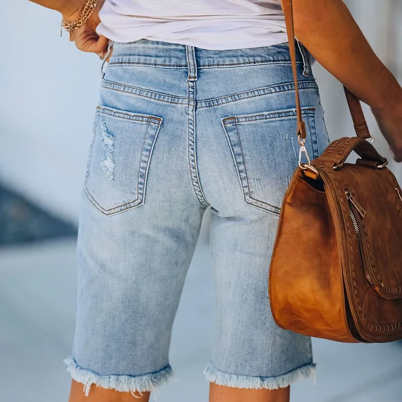 High Waist Knee Length Ripped Jeans