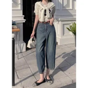 High-Waisted Banana-Shaped Worn-Out Look Loose-Fit Thickness Wide Leg Jeans