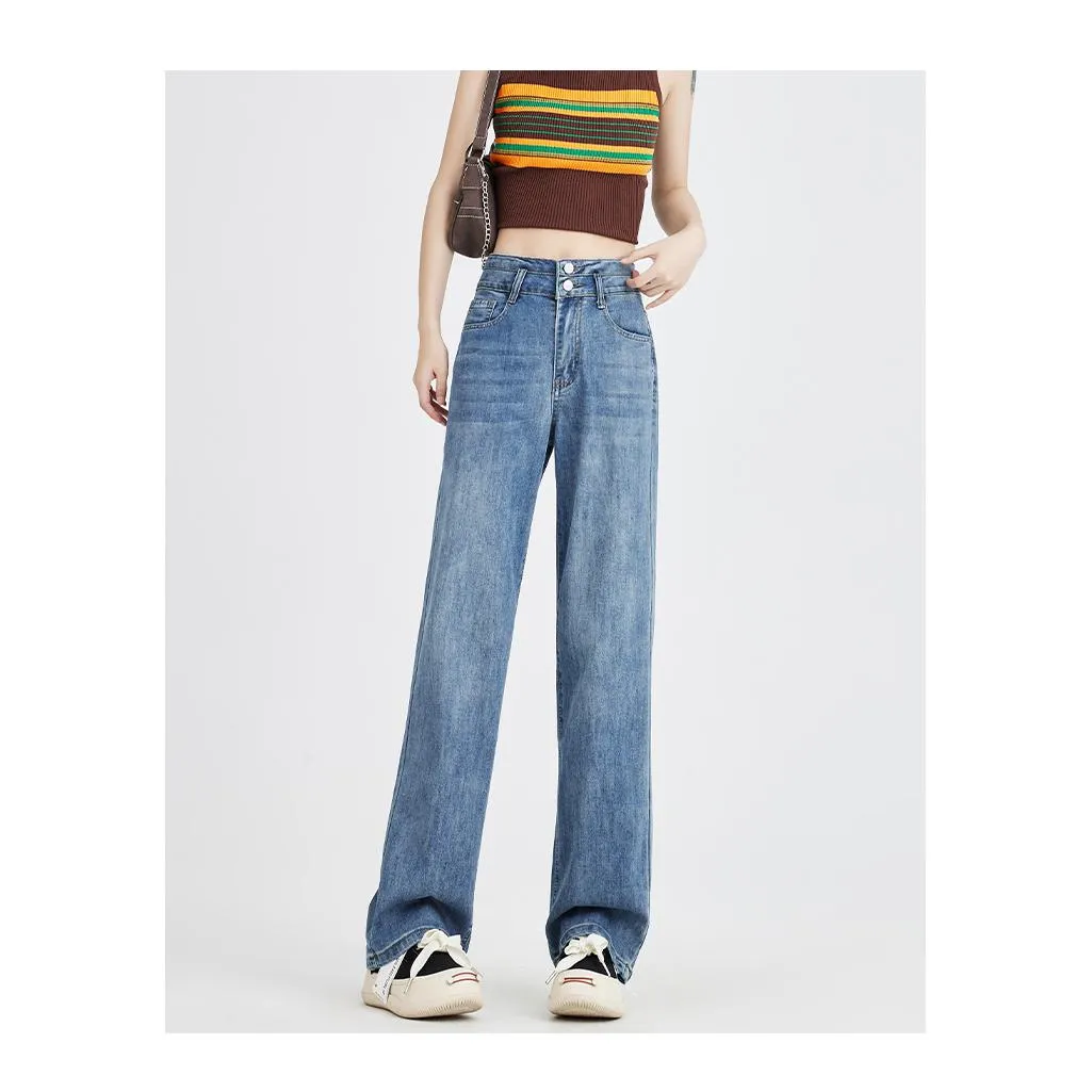 High-Waisted Simplicity Slimming Draping Loose Fit Thin Straight Leg Jeans