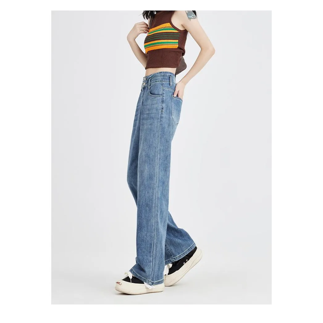 High-Waisted Simplicity Slimming Draping Loose Fit Thin Straight Leg Jeans