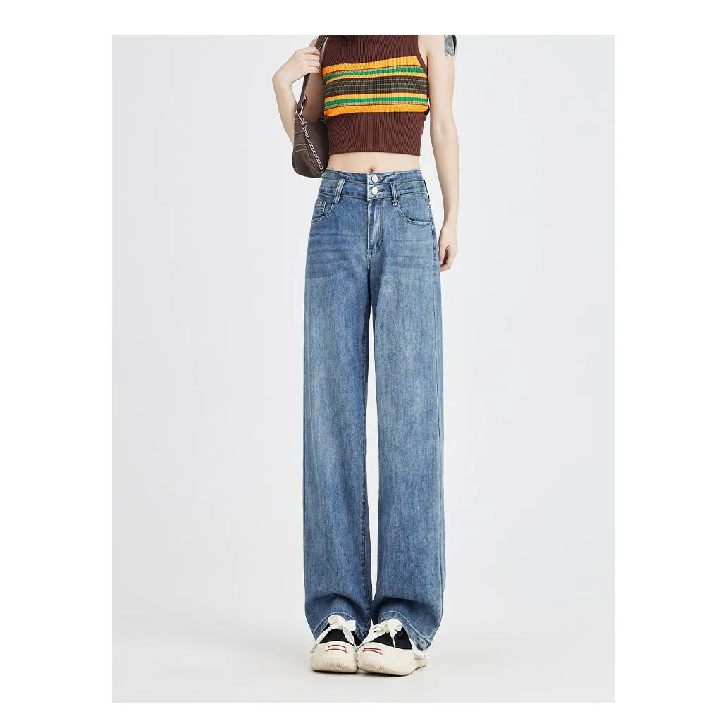 High-Waisted Simplicity Slimming Draping Loose Fit Thin Straight Leg Jeans