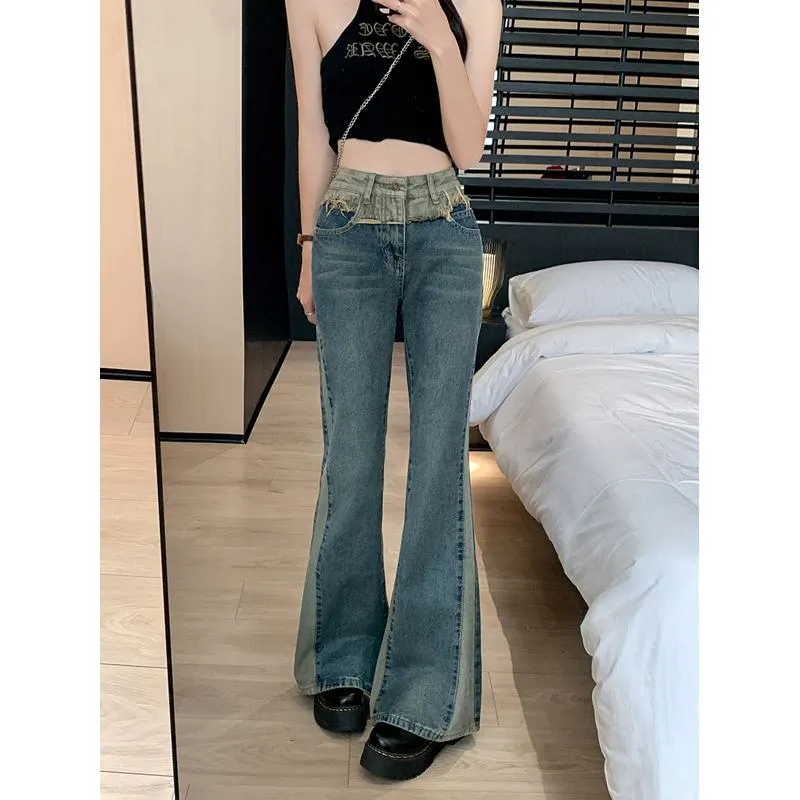 High-Waisted Slight Flare Worn-Out Look Color Blocking Retro Patchwork Jeans