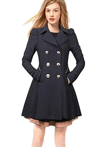 HN Women Elegant Long Trench Coat Jacket HN Double Breasted Pea Overcoat (S, Dark Blue)