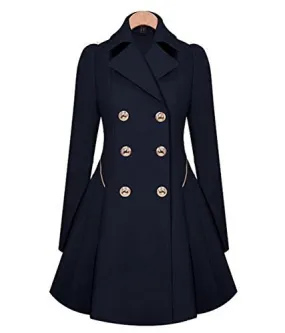 HN Women Elegant Long Trench Coat Jacket HN Double Breasted Pea Overcoat (S, Dark Blue)