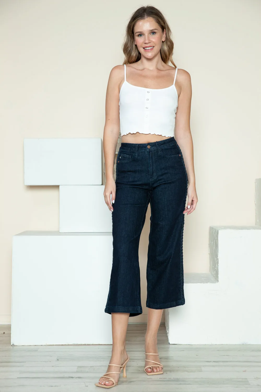 Judy Blue Side Seam Braid Detail Crop Wide Leg Jeans