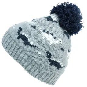 Kids dinosaur Bobble Beanie Hat - Grey