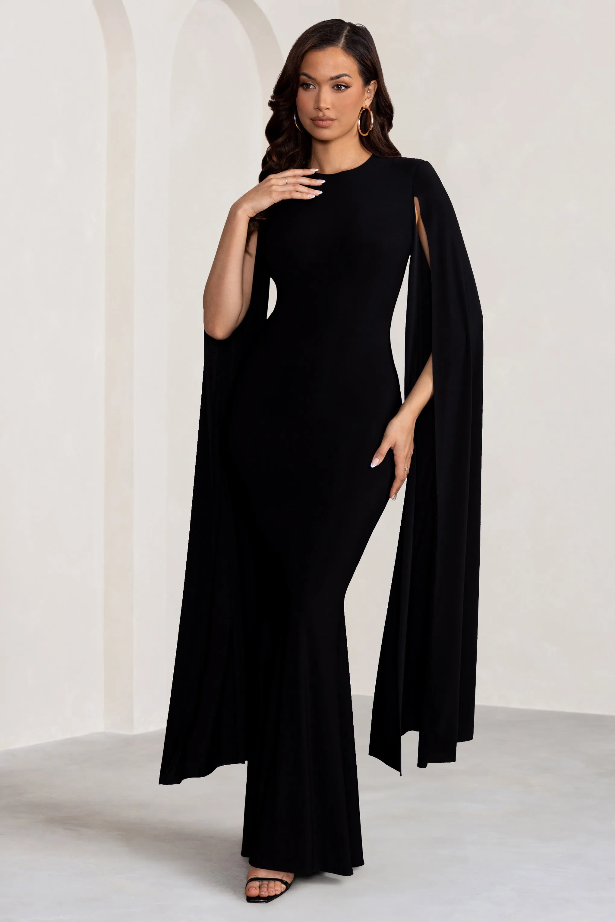 Kimmy | Black High Neck Maxi Dress with Cape Sleeves