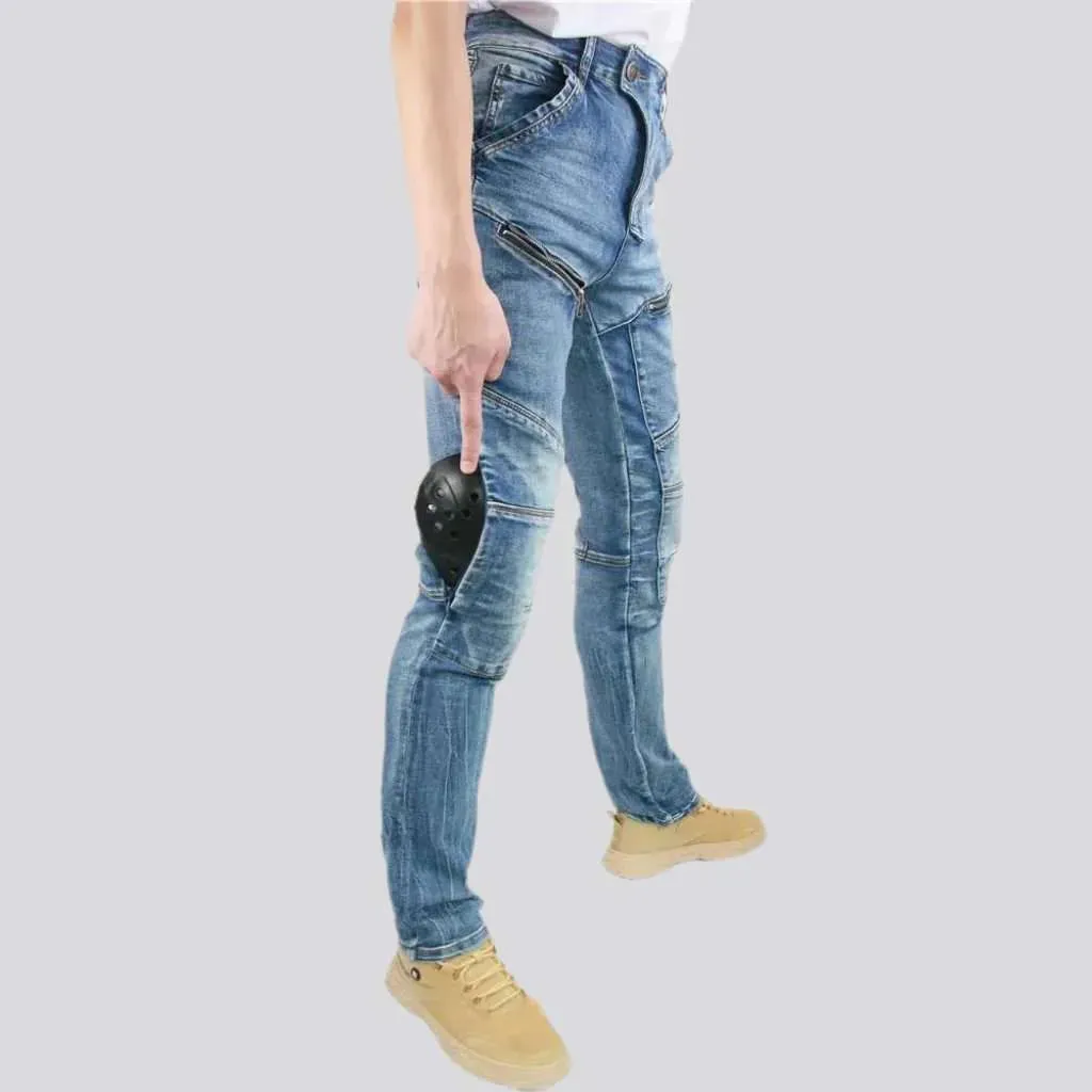 Knee-pads mid-waist men's riding jeans