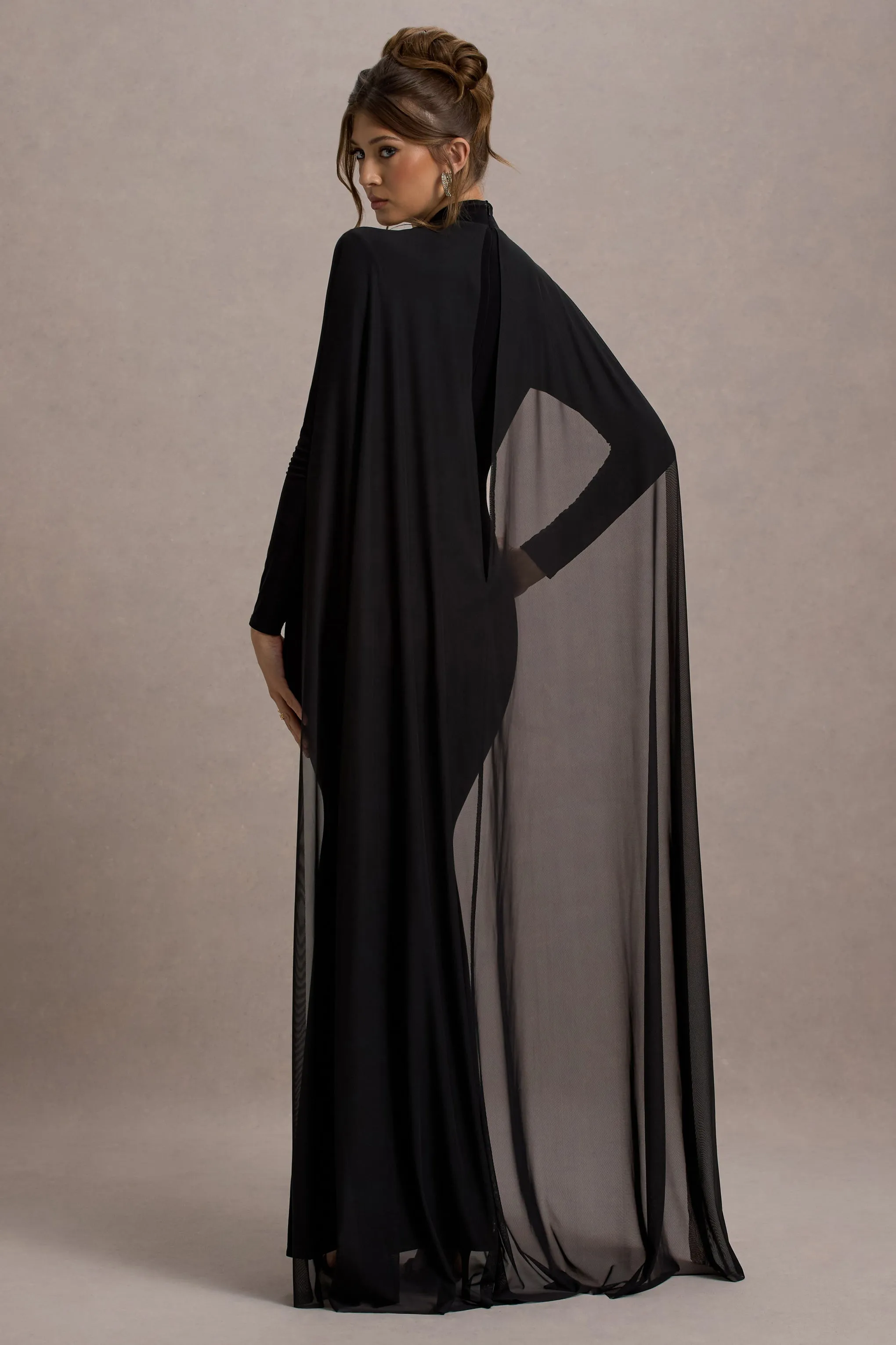 La Nuit | Black High-Neck Long-Sleeve Maxi Dress With Cape