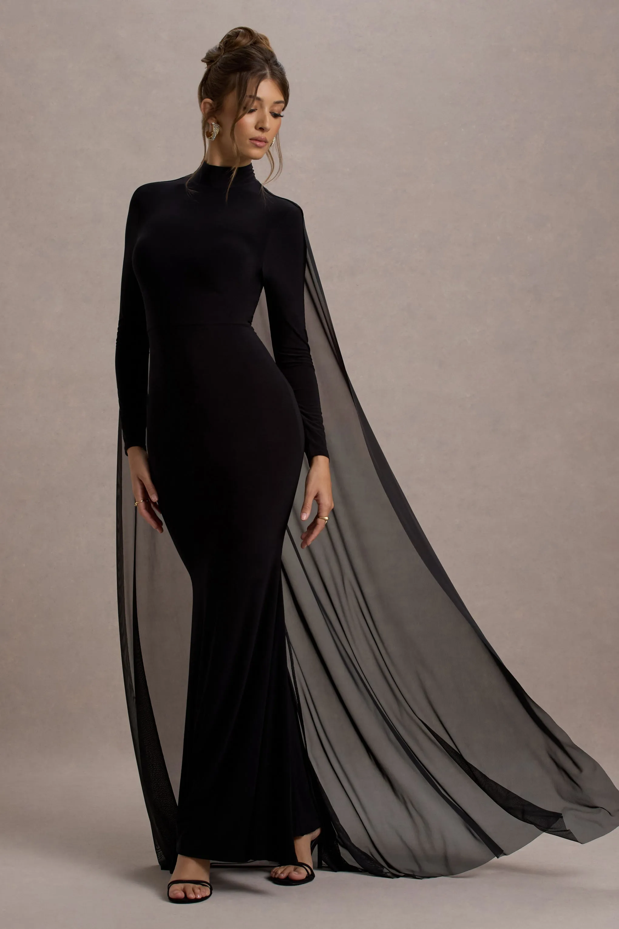 La Nuit | Black High-Neck Long-Sleeve Maxi Dress With Cape