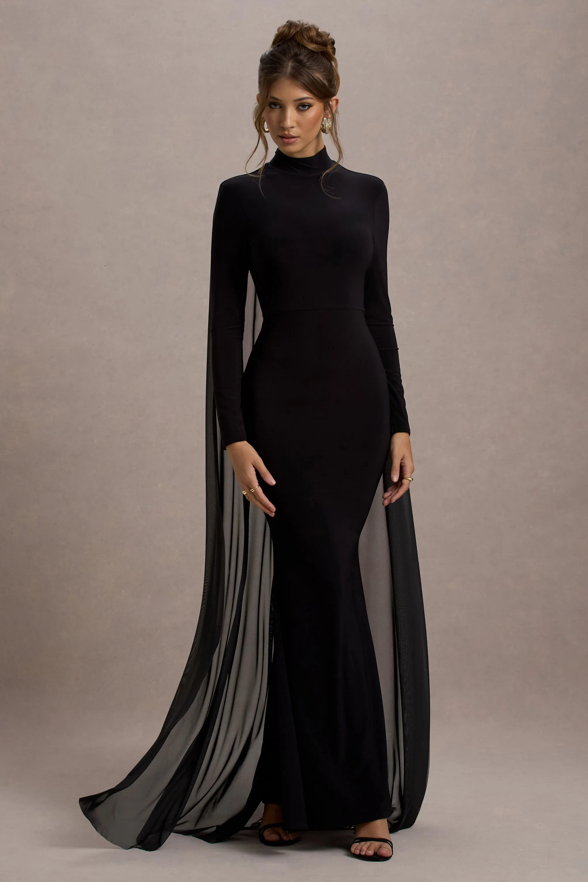 La Nuit | Black High-Neck Long-Sleeve Maxi Dress With Cape