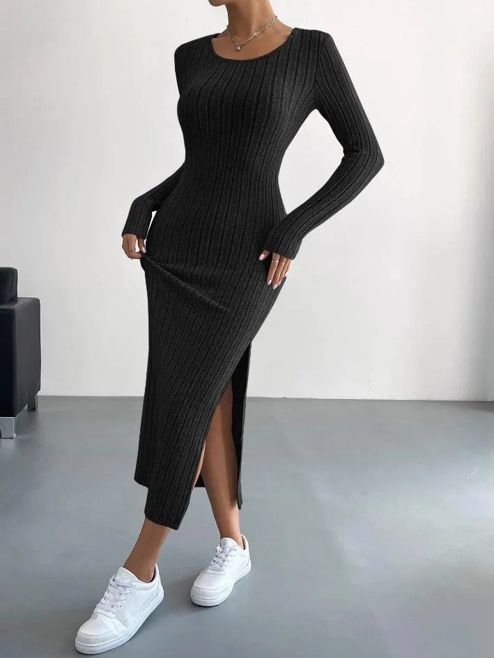 Ladies Crew Neck Ribbed Knit Midi Dress G1028