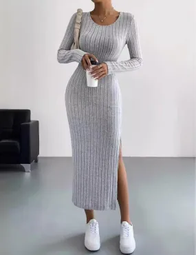 Ladies Crew Neck Ribbed Knit Midi Dress G1028