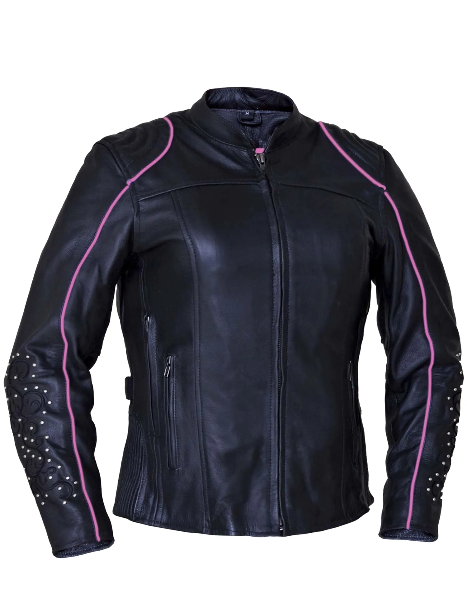 Ladies Premium Motorcycle Jacket with Angel Wing Design - 6824-24-Hot Pink