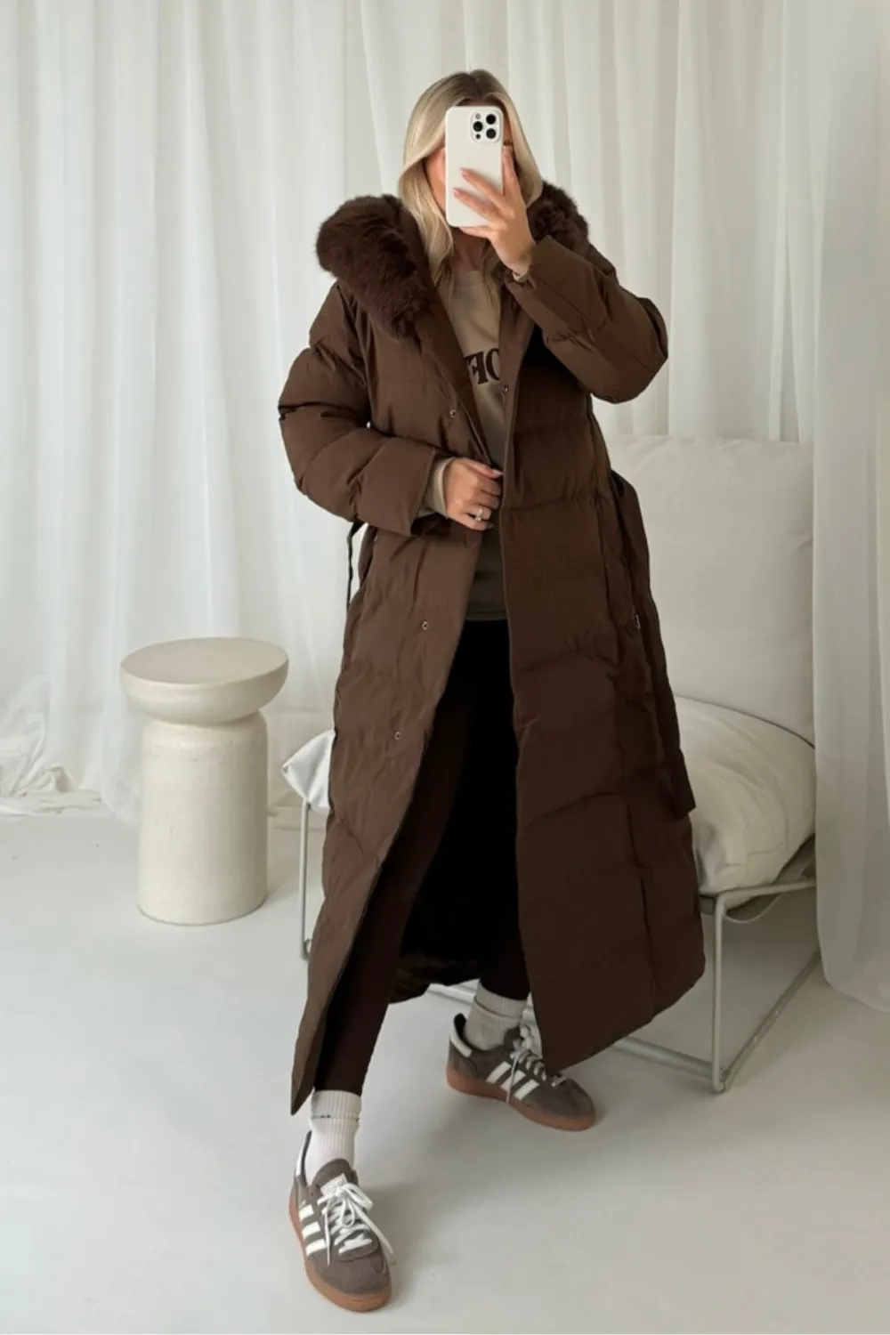 Laurena chocolate long padded hooded puffer coat