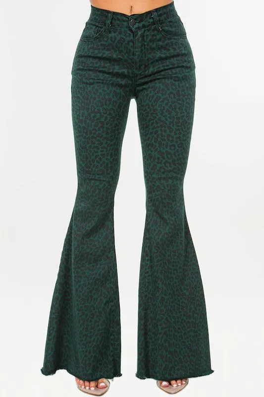 Leopard Bell Bottom Jean in Green- Inseam 32