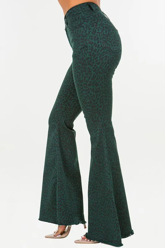 Leopard Bell Bottom Jean in Green- Inseam 32