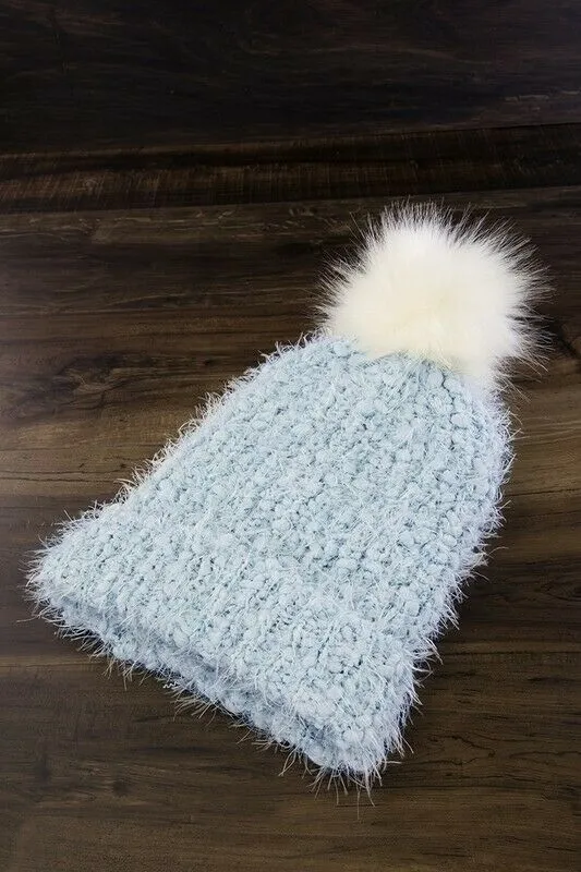 Light Blue Eyelash Knit Beanie Foldover Band Faux Fur Pom Pom Womens Winter Hat