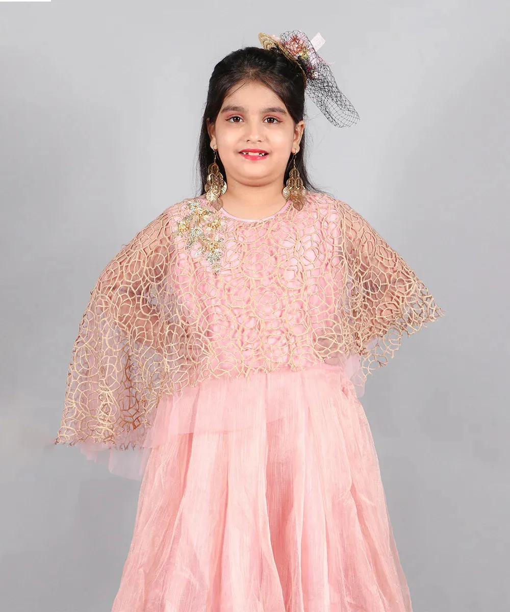 Light Pink and Golden Colored Party Wear Gown with fancy Cape