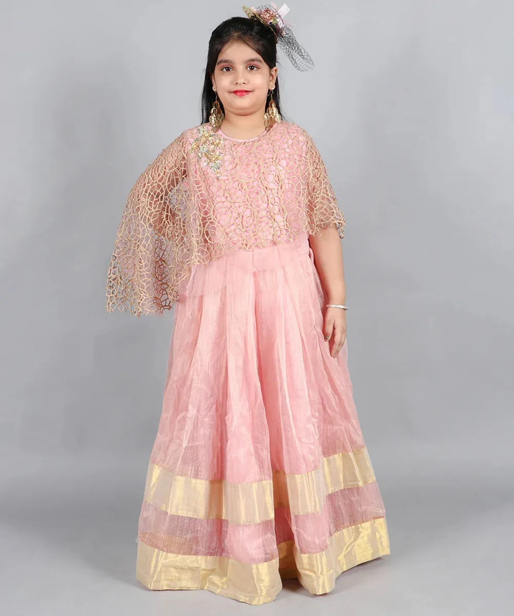 Light Pink and Golden Colored Party Wear Gown with fancy Cape