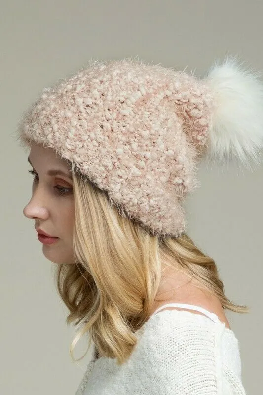 Light Pink Eyelash Knit Beanie Foldover Band Faux Fur Pom Pom Womens Winter Hat