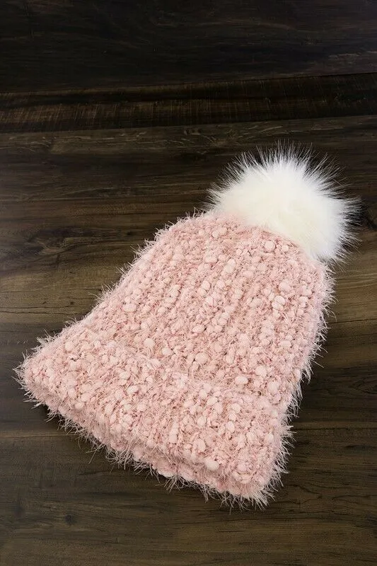 Light Pink Eyelash Knit Beanie Foldover Band Faux Fur Pom Pom Womens Winter Hat