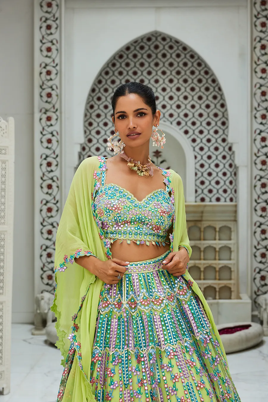 LIME GREEN NET LEHENGA CHOLI SET WITH MULTICOLOURED EMBROIDERY