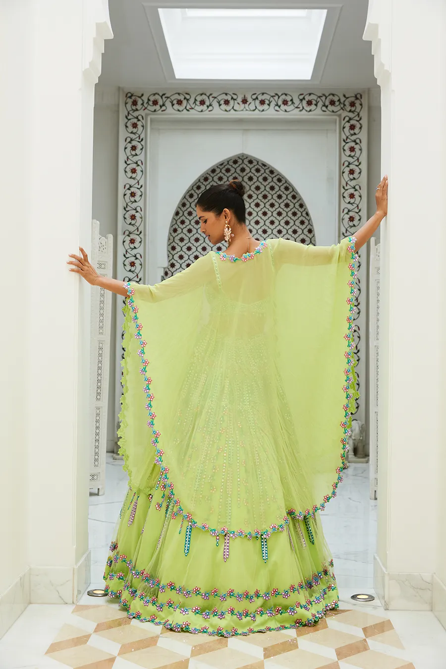 LIME GREEN NET LEHENGA CHOLI SET WITH MULTICOLOURED EMBROIDERY