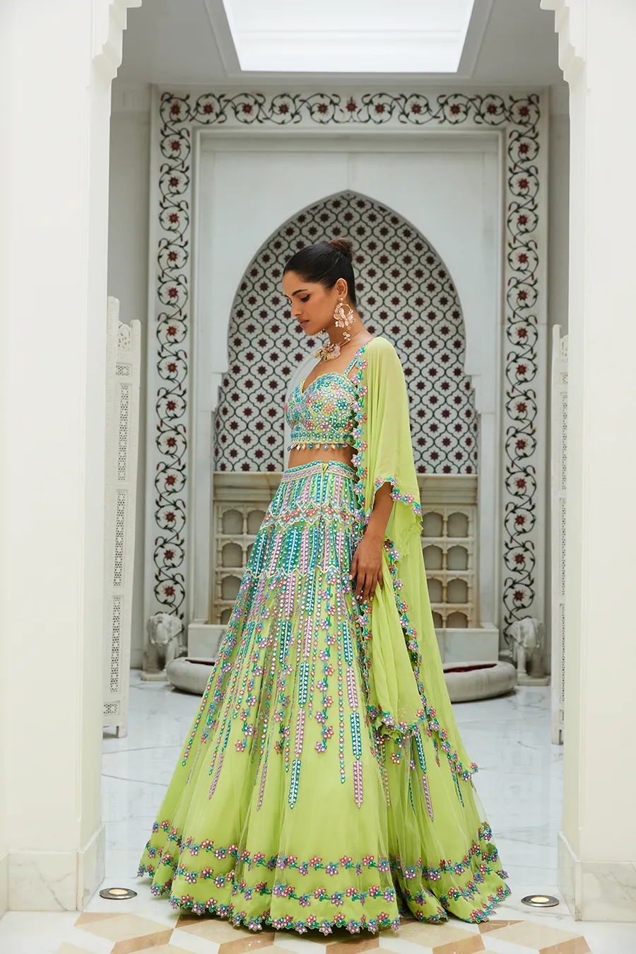 LIME GREEN NET LEHENGA CHOLI SET WITH MULTICOLOURED EMBROIDERY