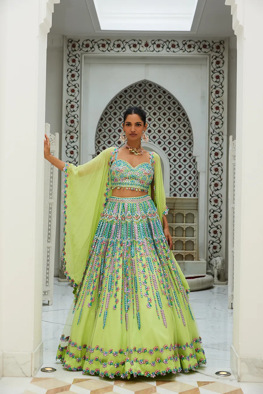 LIME GREEN NET LEHENGA CHOLI SET WITH MULTICOLOURED EMBROIDERY