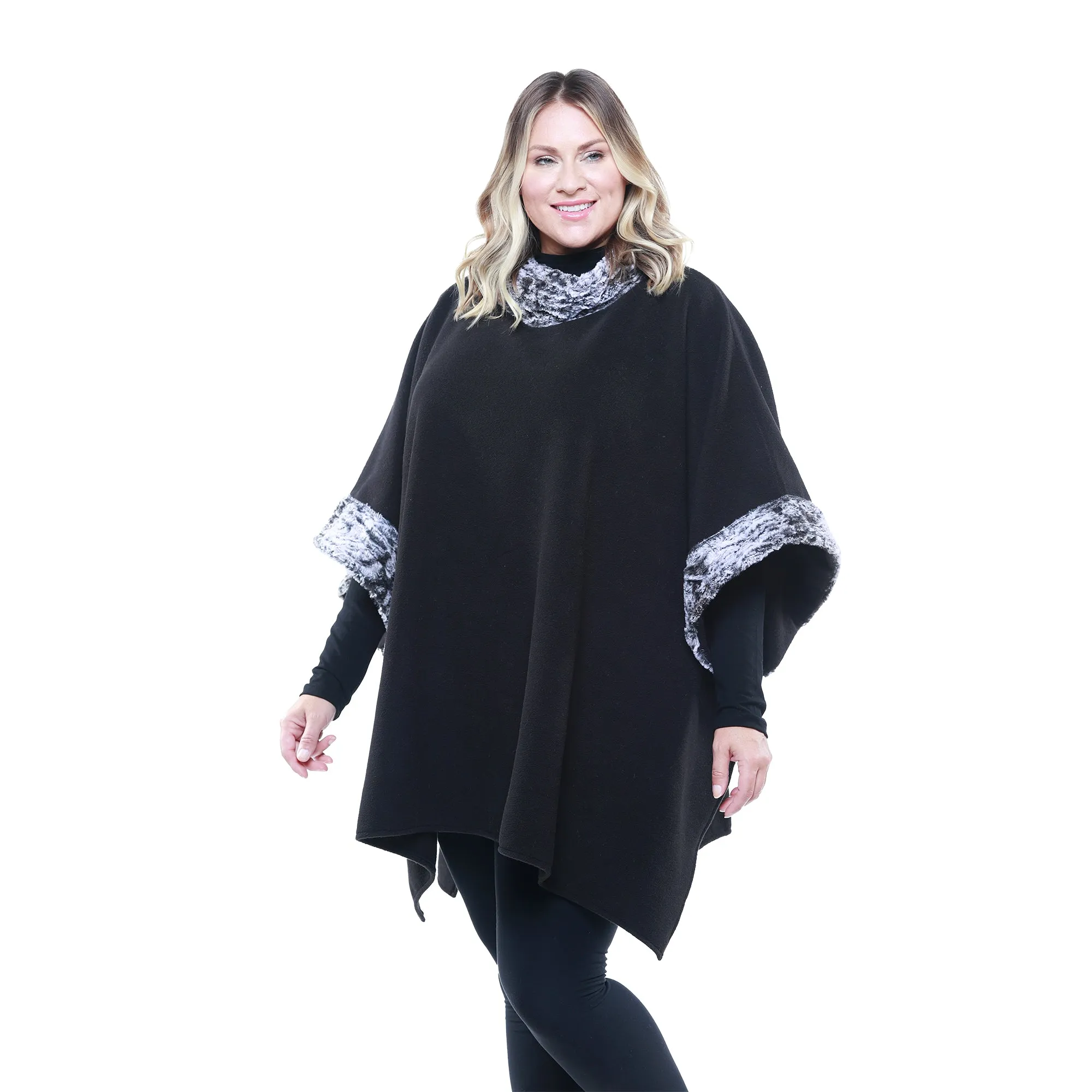 Liza Cozy Coat Fleece Poncho with Faux Fur Trim