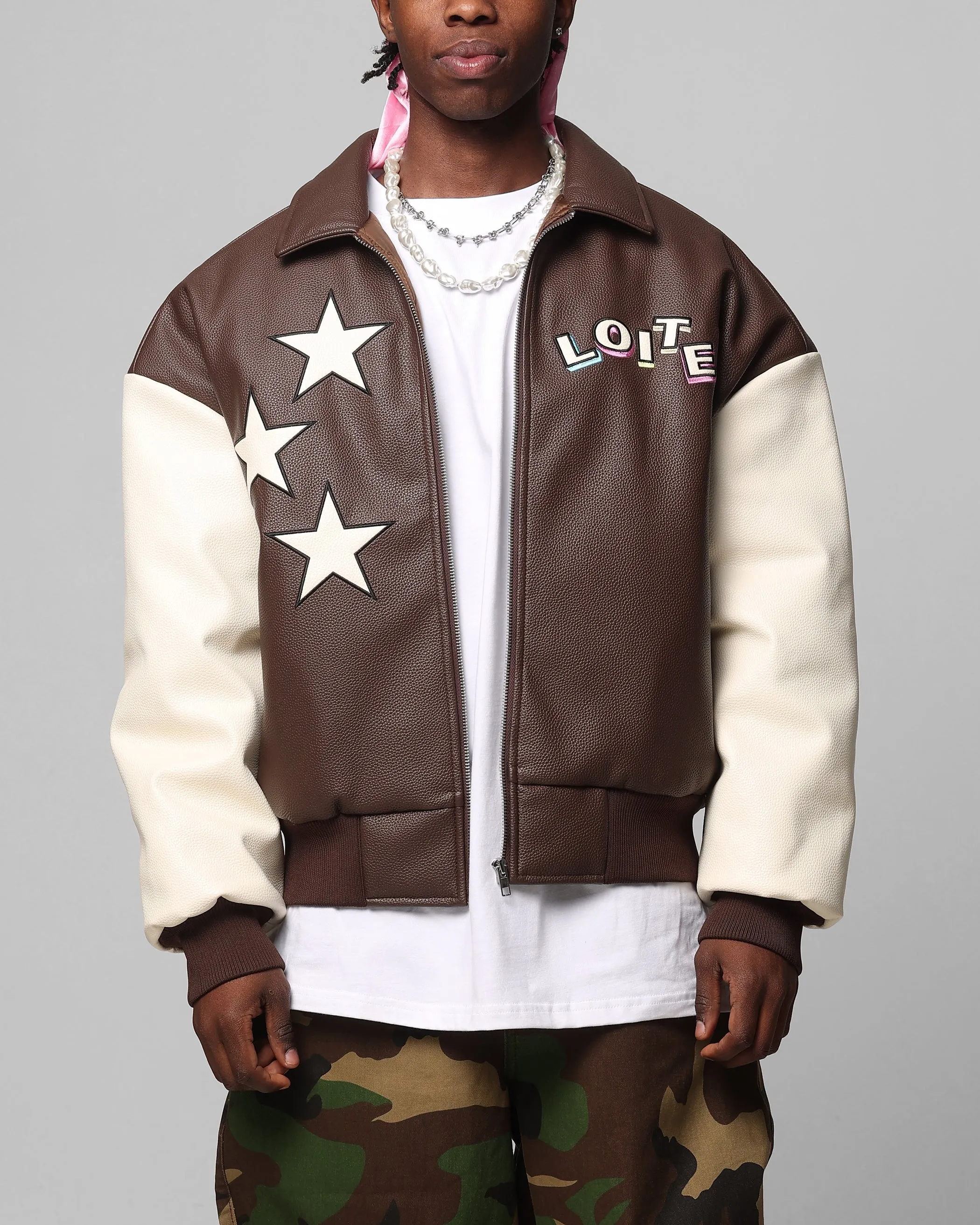 Loiter Solar PU Leather Varsity Jacket Brown/Beige