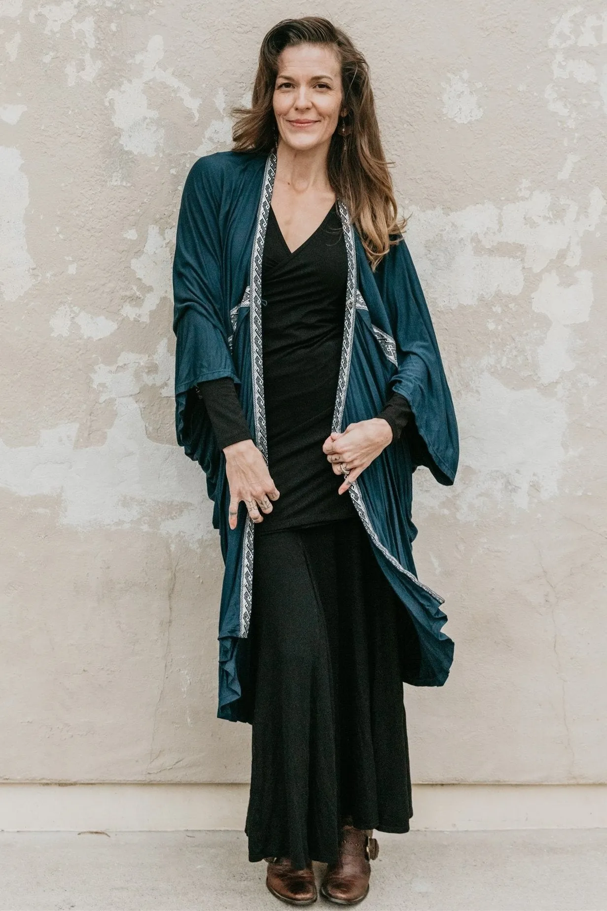 Long Cocoon Coat - Navy w/Trim