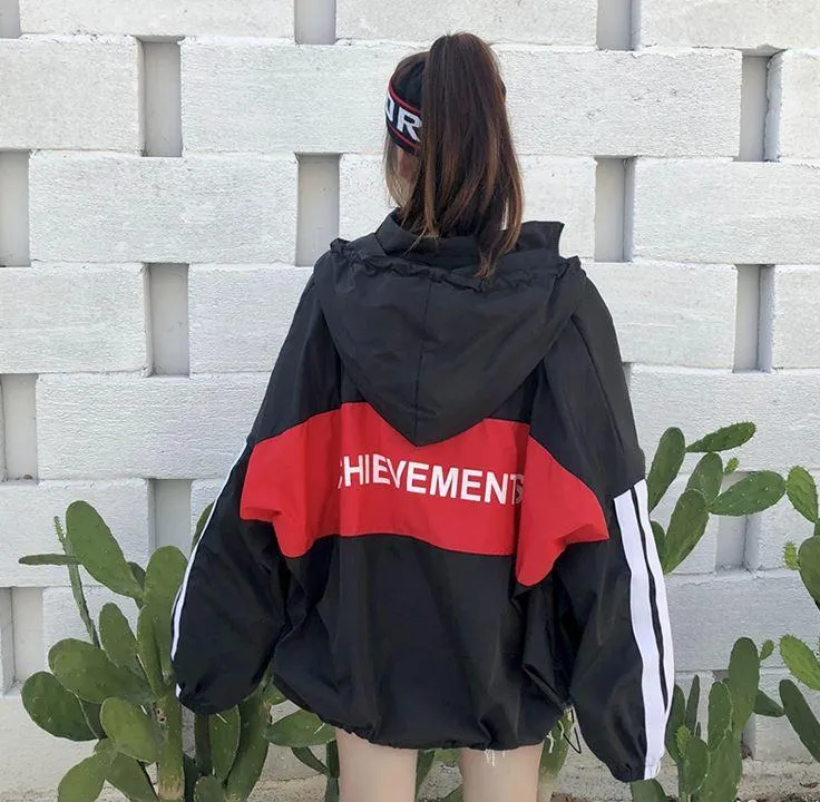 Long Oversized Windbreaker Sporty Zipper Jacket