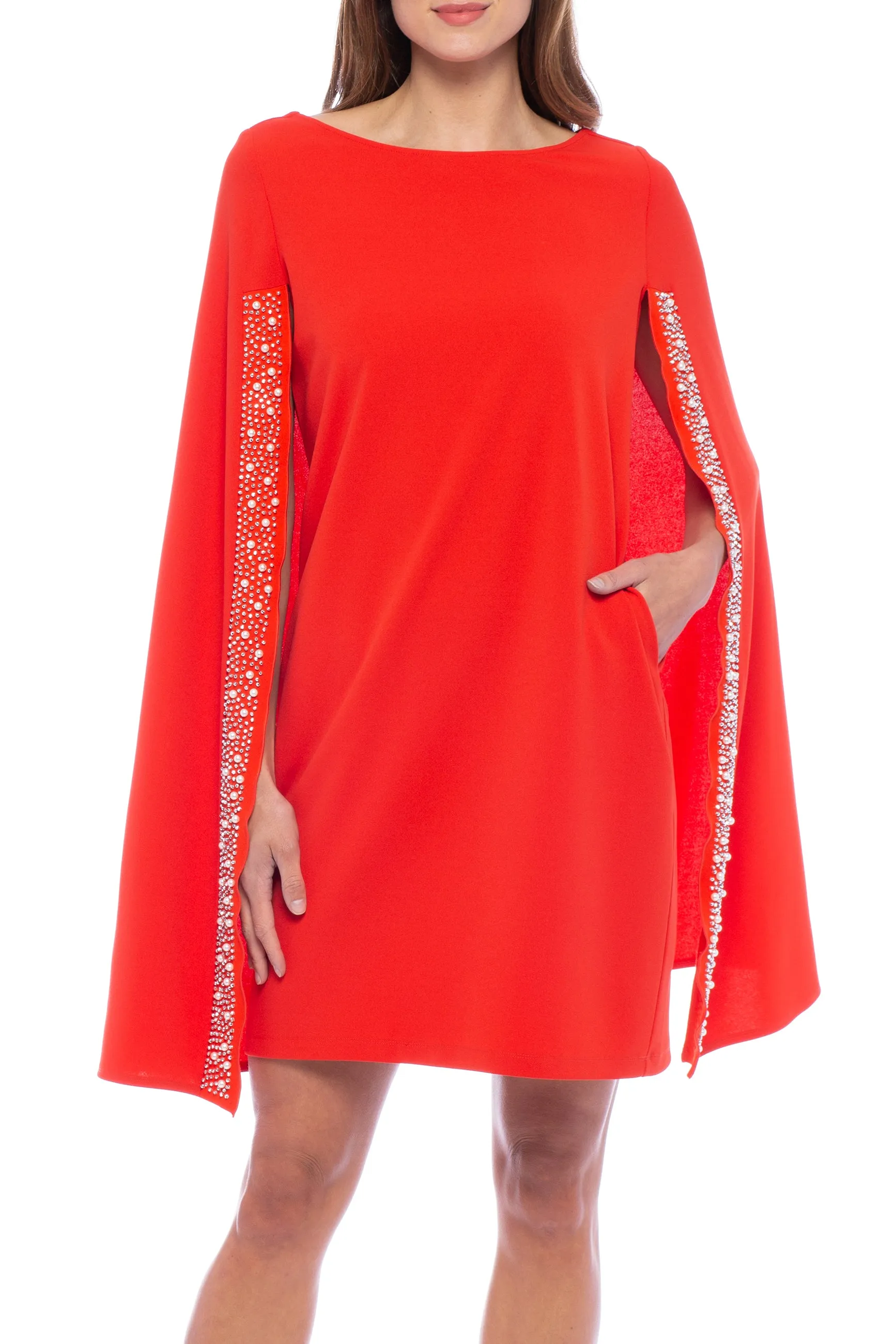 Marina Cape Back Boat Neckline Crepe Stone Detail Dress