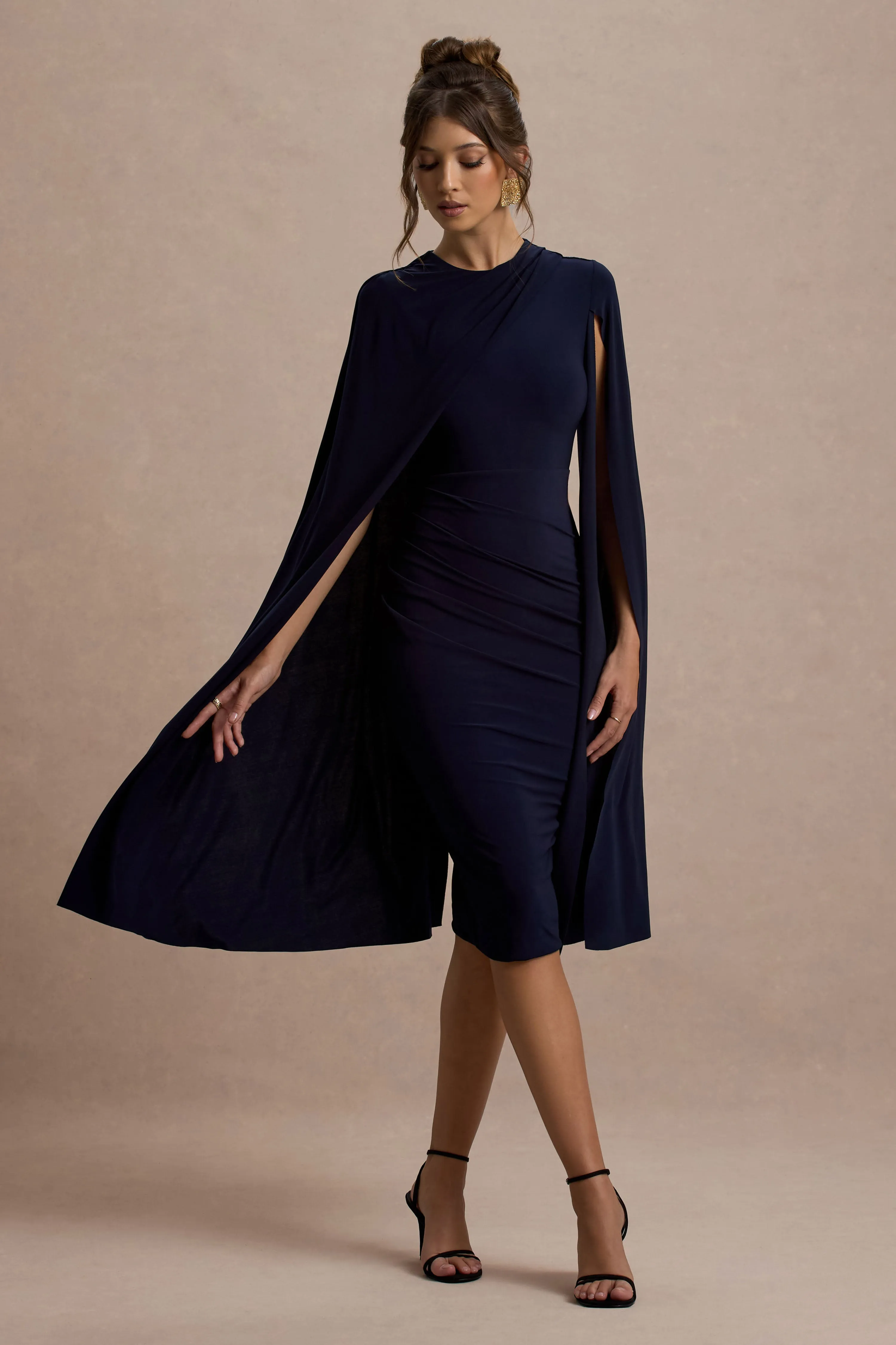 Marysol | Navy Asymmetric Cape Midi Dress