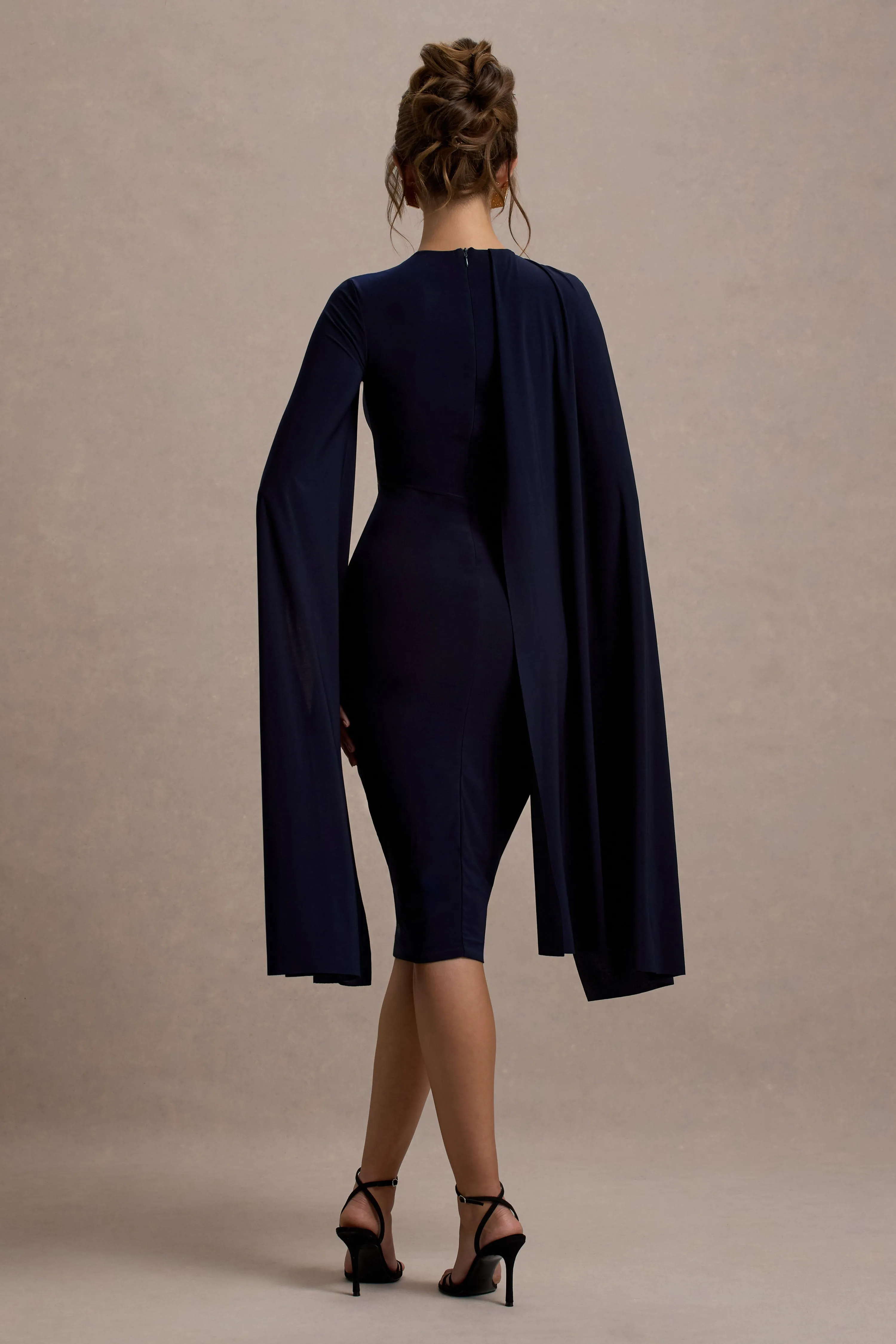 Marysol | Navy Asymmetric Cape Midi Dress