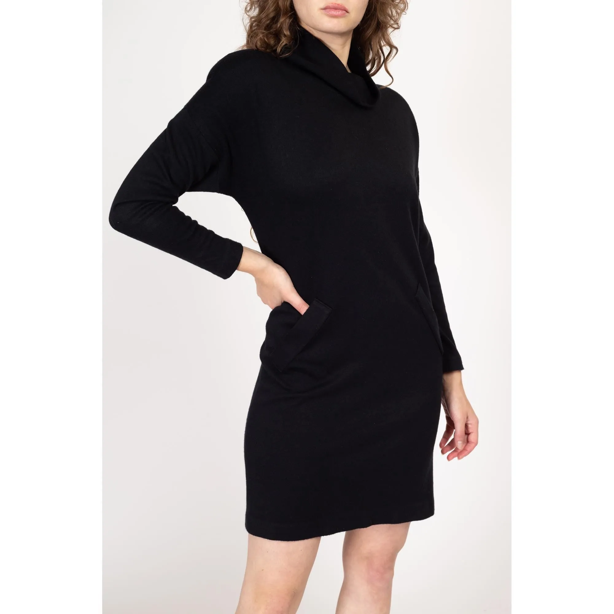 Medium 80s Black Knit Cowl Neck Mini Sweater Dress