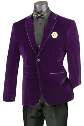 Mens Blazer - Cheap Priced Mens Sport Coat -Mens 2 Button Velvet Blazer In Purple With Black Leather Piping Trim