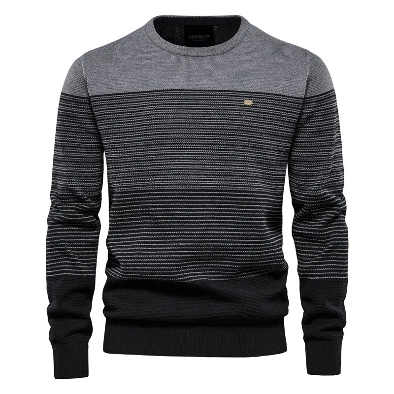 Men's Crewneck Soft Thermal Knitted Sweatshirt Color Block Striped-Y121