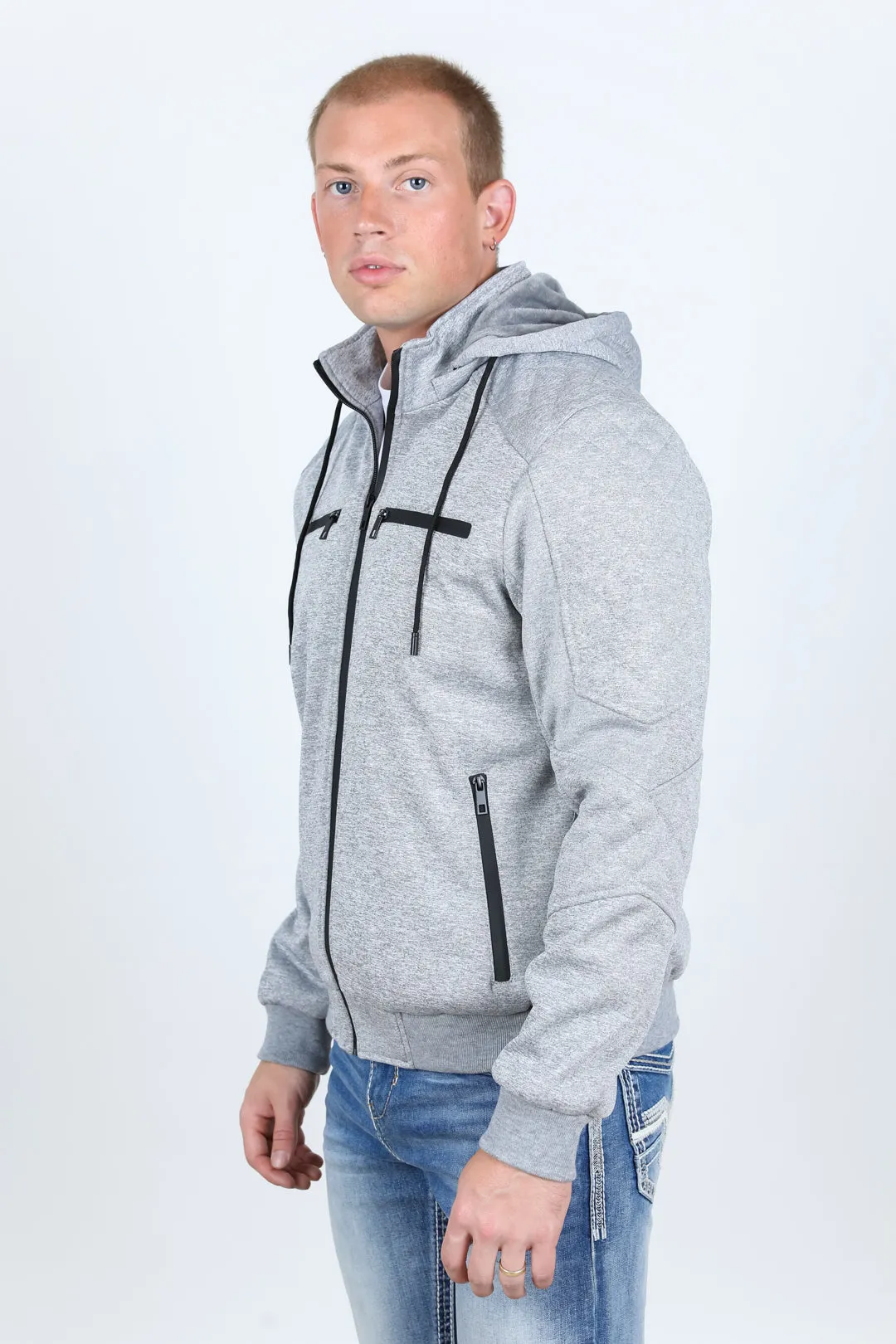 Mens Fur Lined Quilted Hooded Jacket - Light Gray