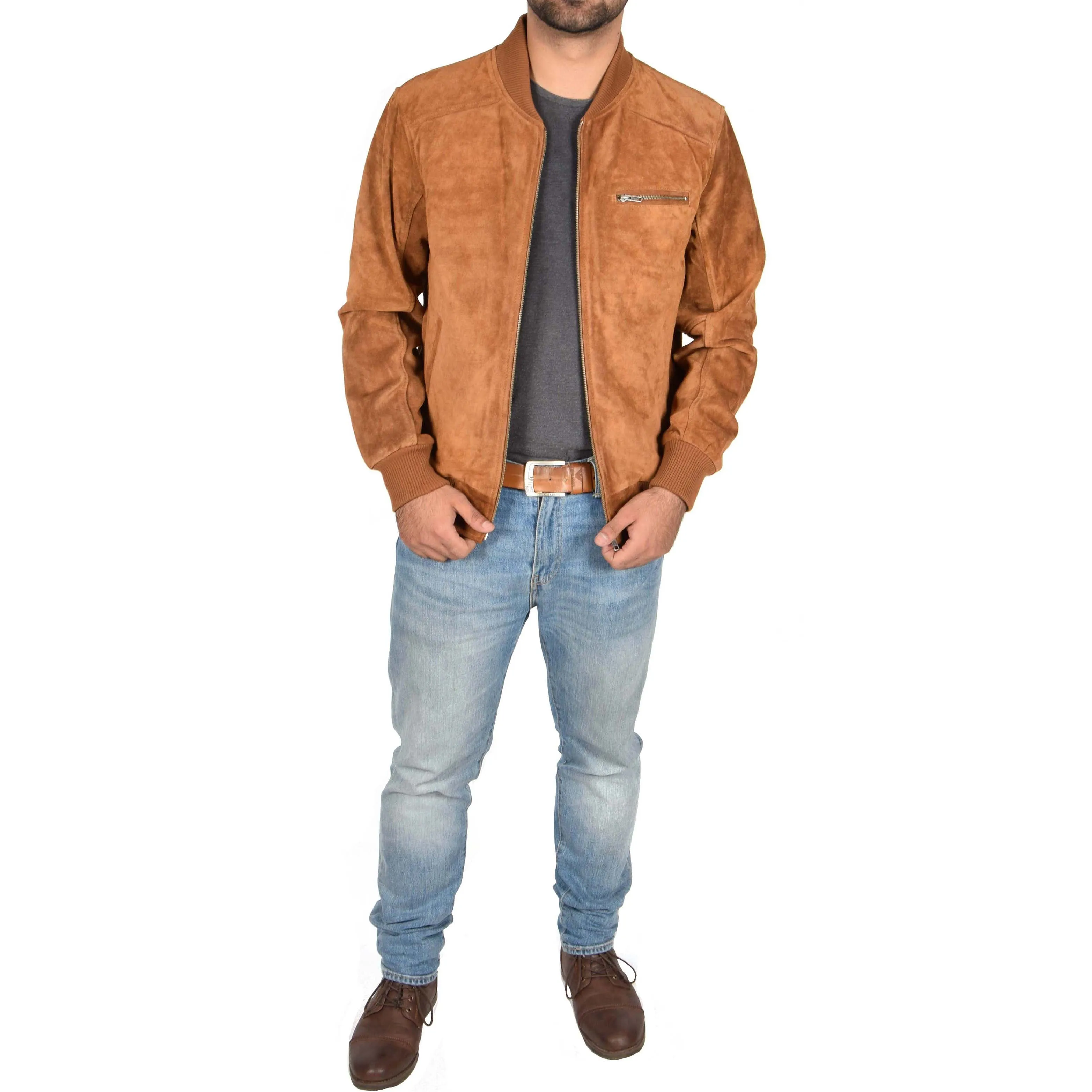 Mens Genuine Suede Bomber Jacket Roco Tan