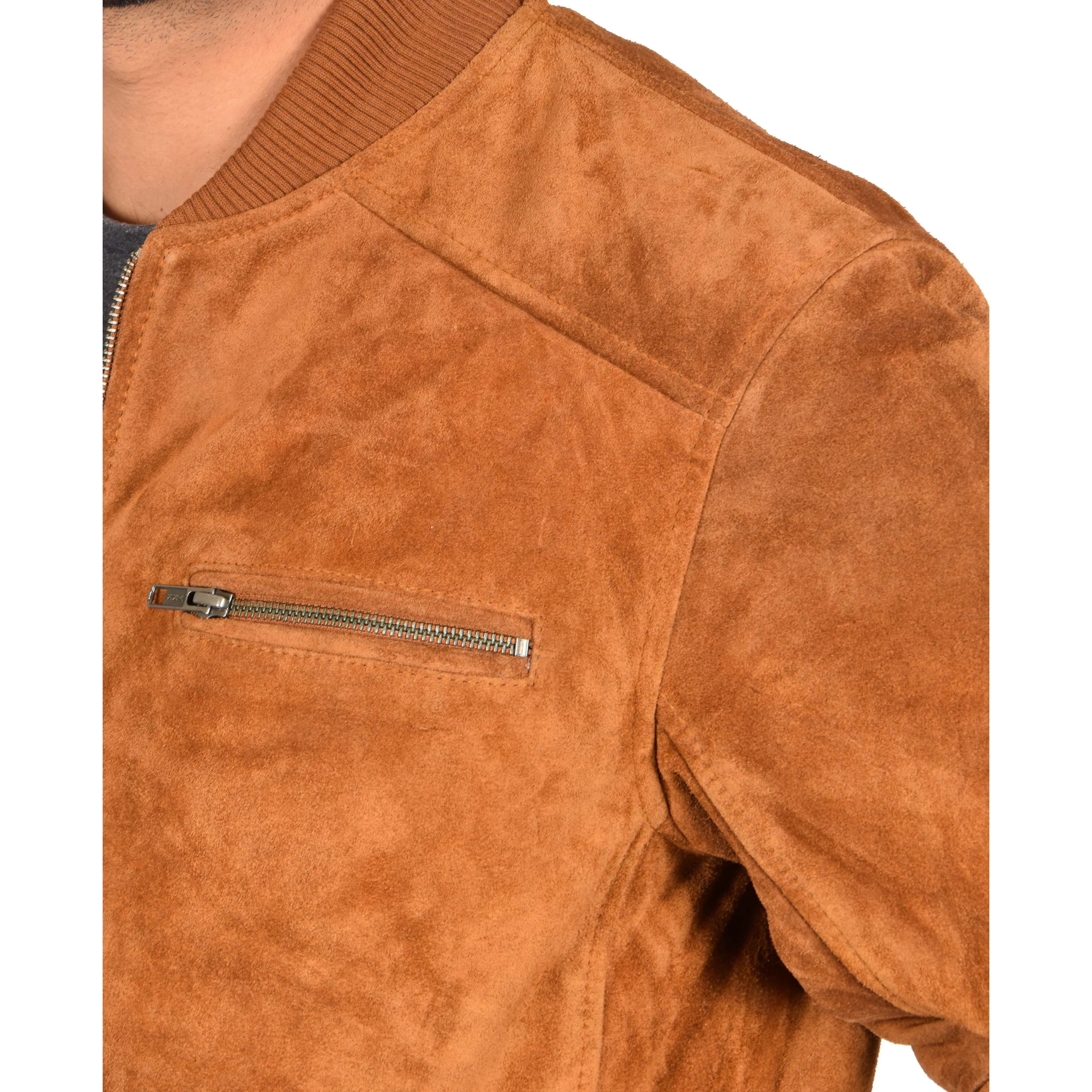 Mens Genuine Suede Bomber Jacket Roco Tan