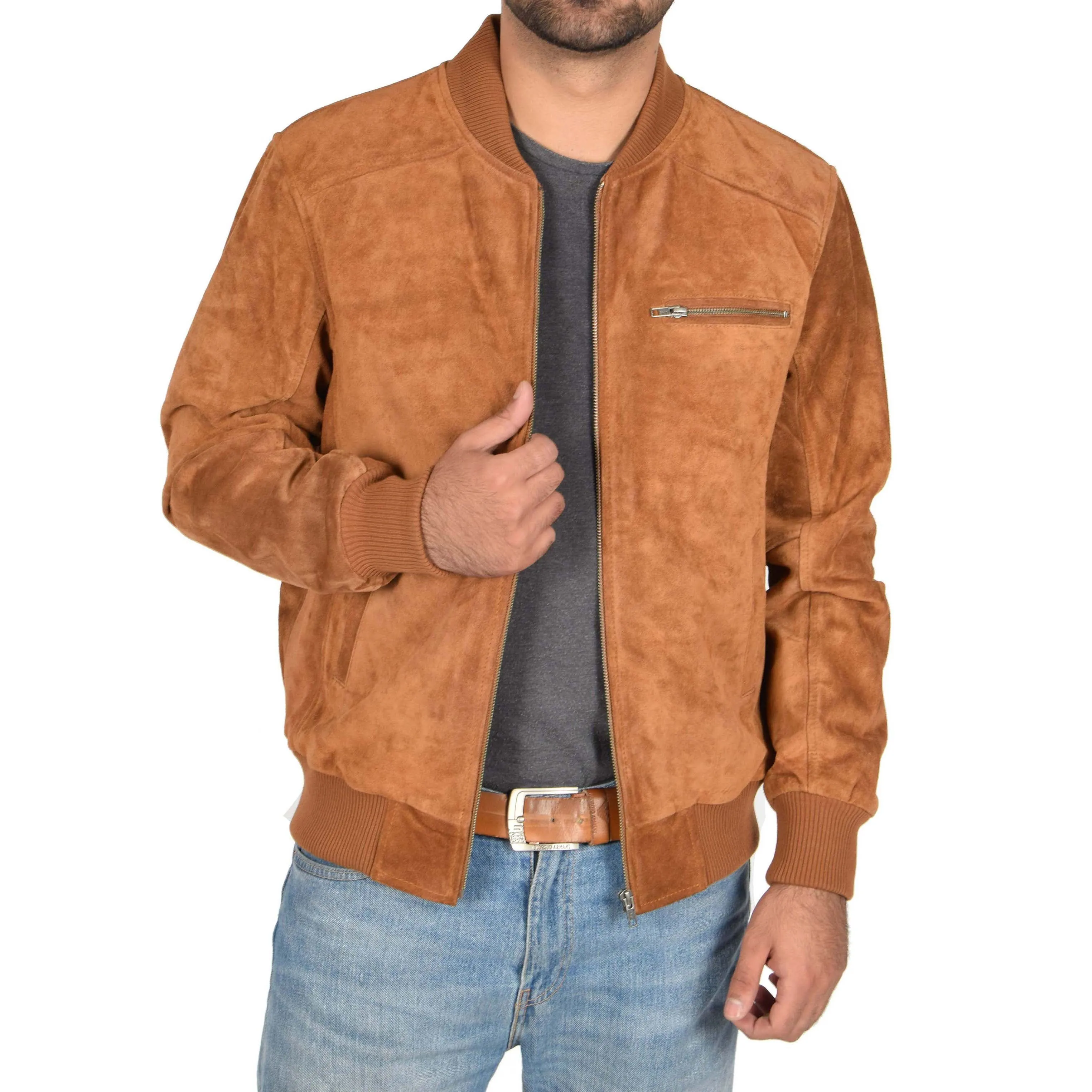 Mens Genuine Suede Bomber Jacket Roco Tan