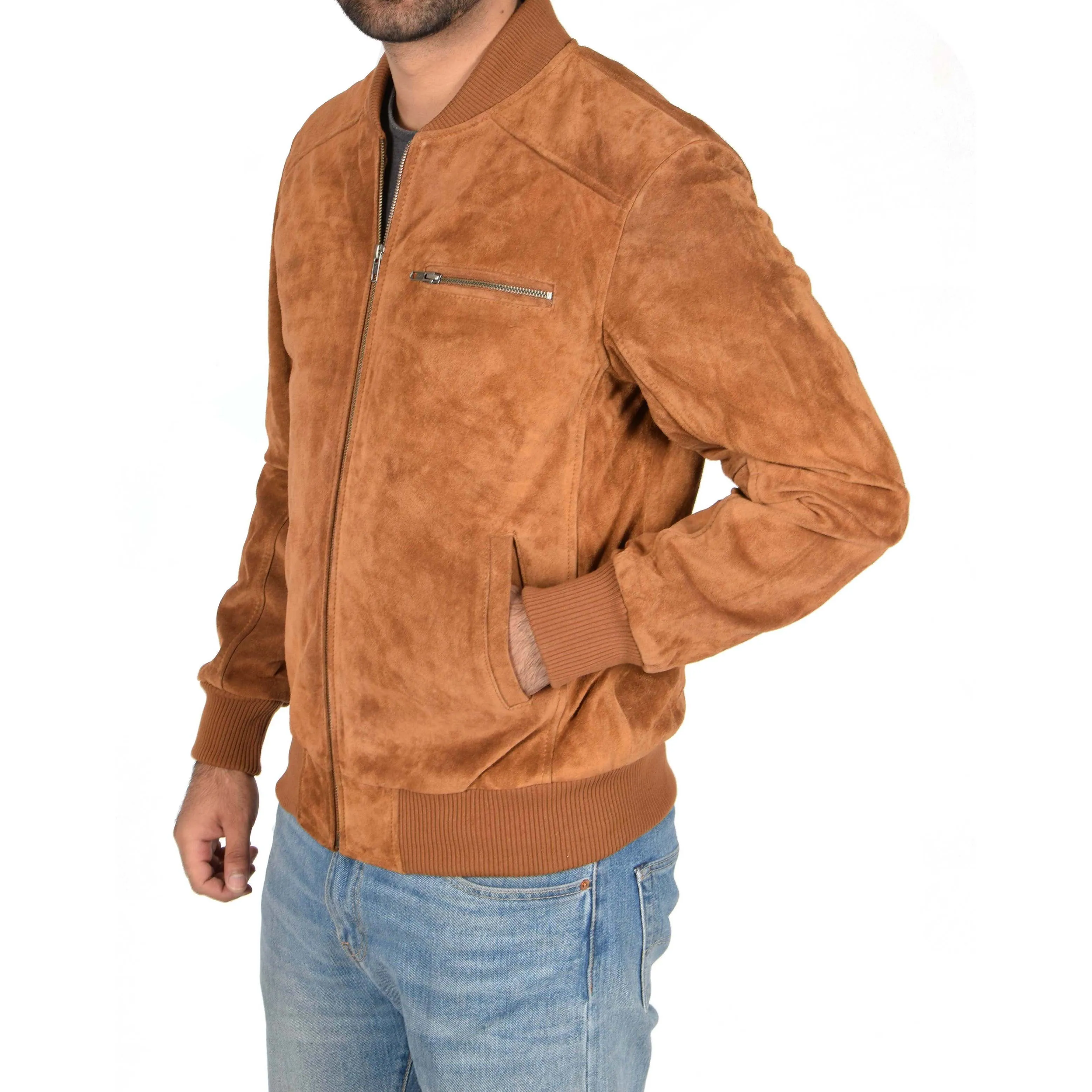 Mens Genuine Suede Bomber Jacket Roco Tan