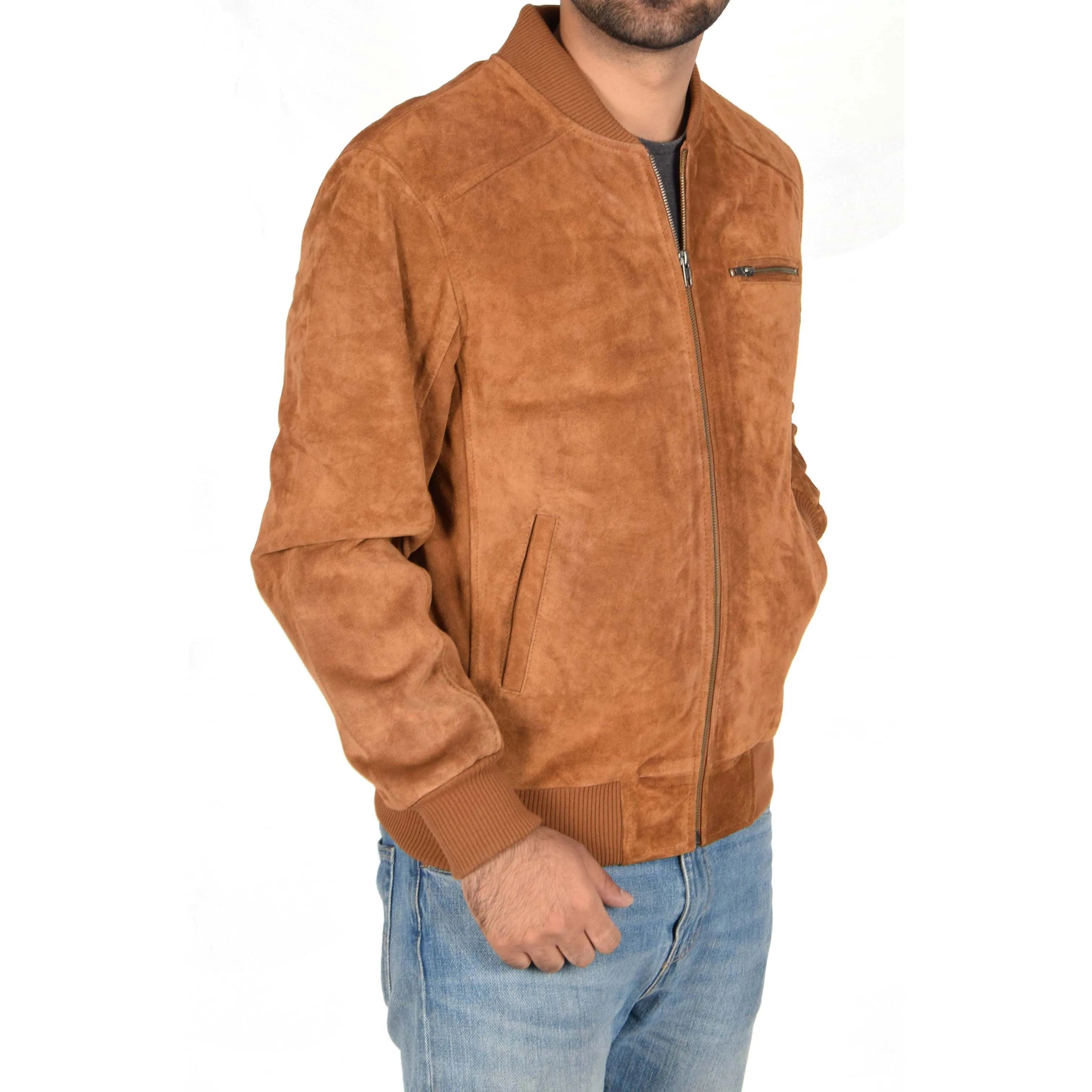 Mens Genuine Suede Bomber Jacket Roco Tan