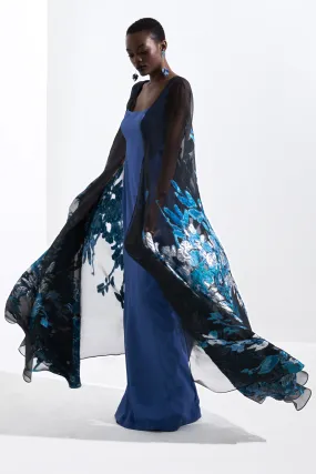 Metallic Jacquard Cape Train Gown