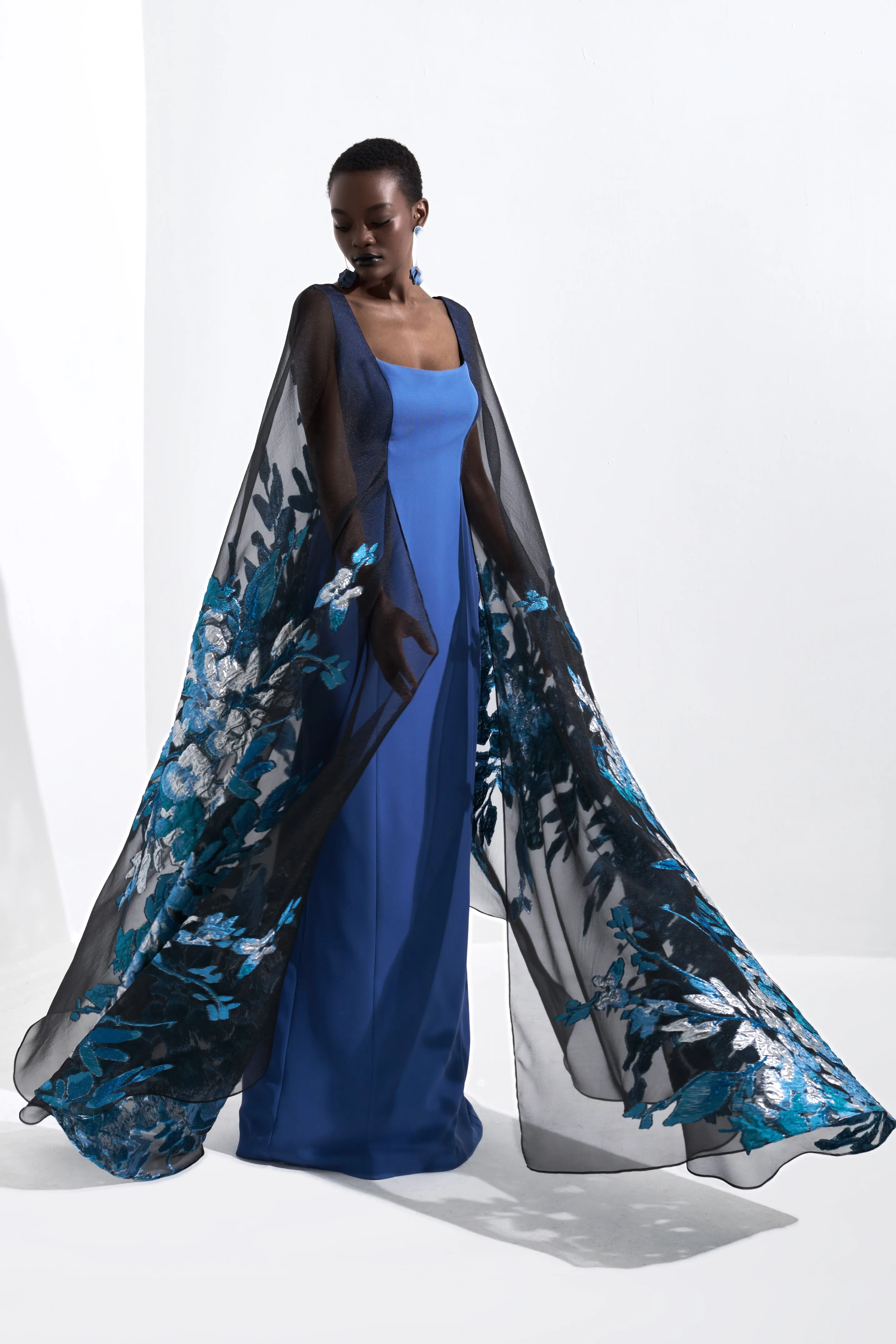 Metallic Jacquard Cape Train Gown